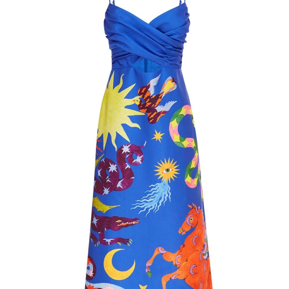 Alemais Royal Blue Multicolor Celestial & Animal Print Midi Dress